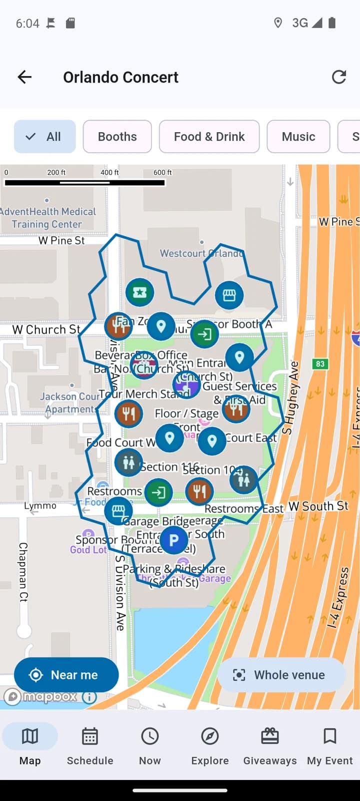 Demo event map in the WilDi app with booths, sponsor booths, food, sections and entrances pinned