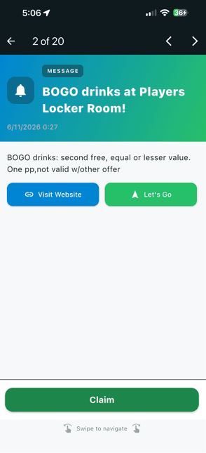 Someone tapping Claim on a delivered WilDi offer for BOGO drinks at Players Locker Room