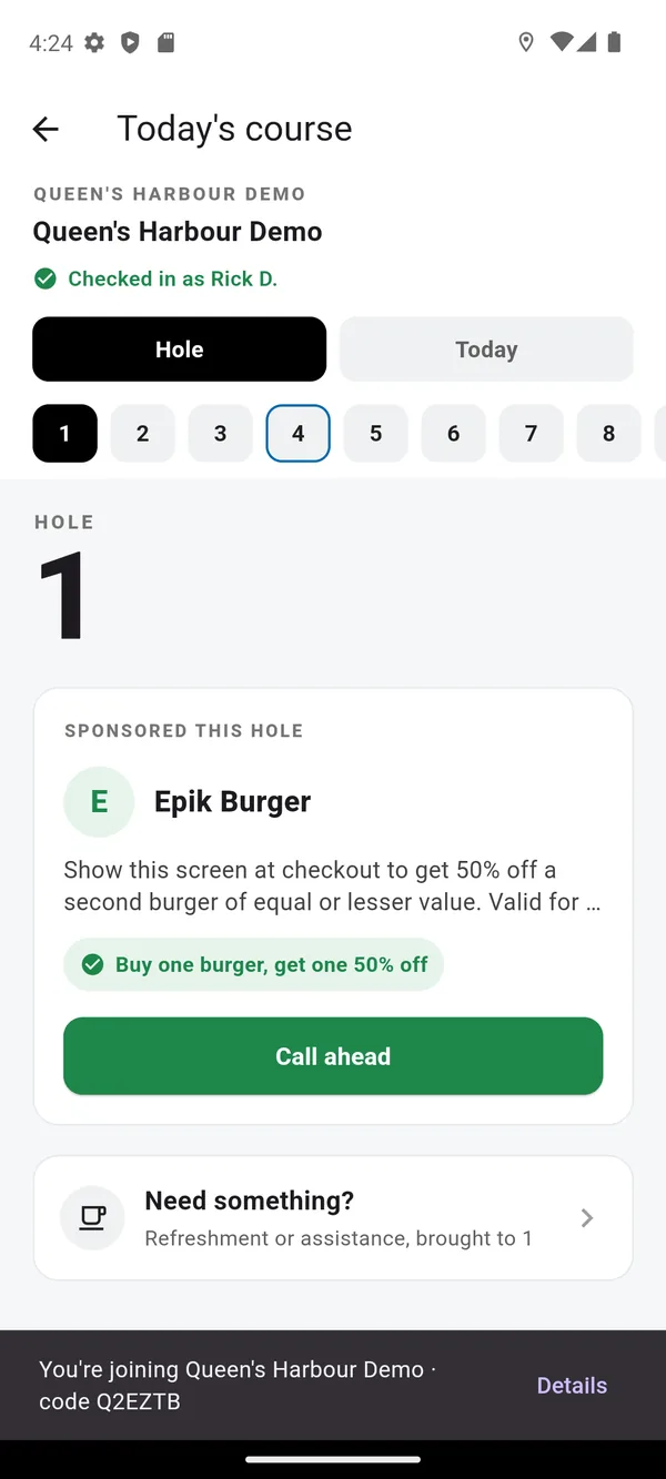 The WilDi app on a demo golf course: the hole's sponsor message and a button to request refreshments or help